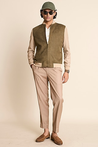 Olive Suede & Poly Viscose Bomber Jacket by Gargee Designers