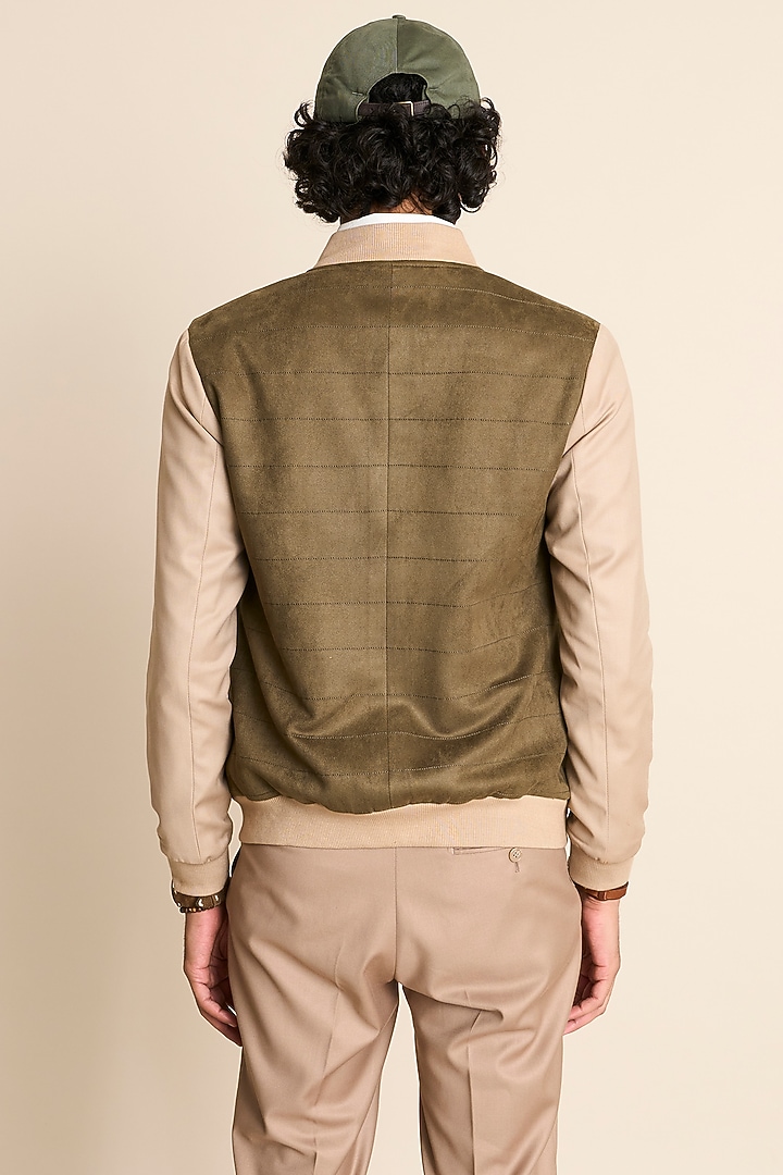 Olive Suede & Poly Viscose Bomber Jacket by Gargee Designers at Pernia's Pop Up Shop