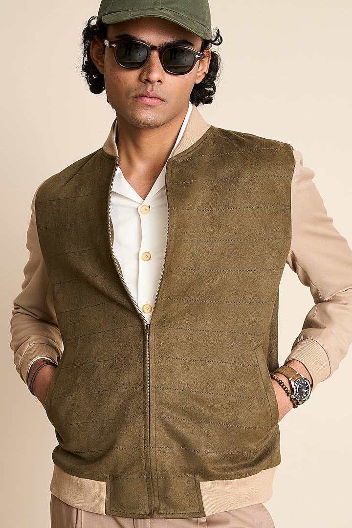 Olive Suede & Poly Viscose Bomber Jacket by Gargee Designers at Pernia's Pop Up Shop
