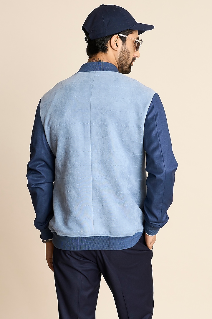 Sky Blue Suede & Poly Viscose Bomber Jacket by Gargee Designers at Pernia's Pop Up Shop