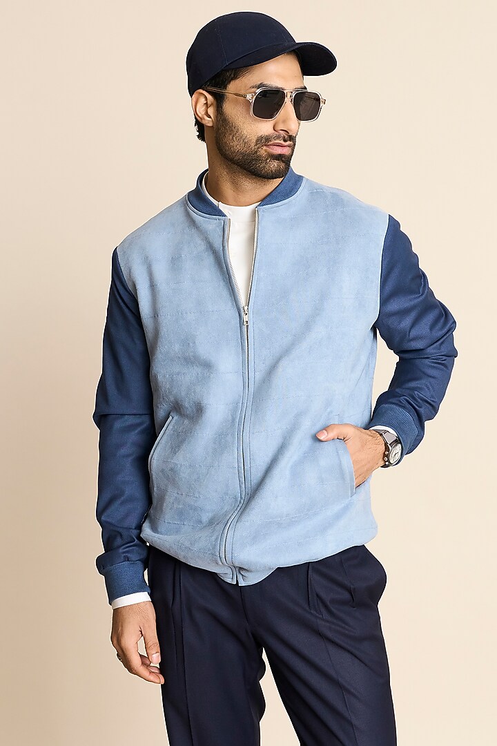 Sky Blue Suede & Poly Viscose Bomber Jacket by Gargee Designers at Pernia's Pop Up Shop