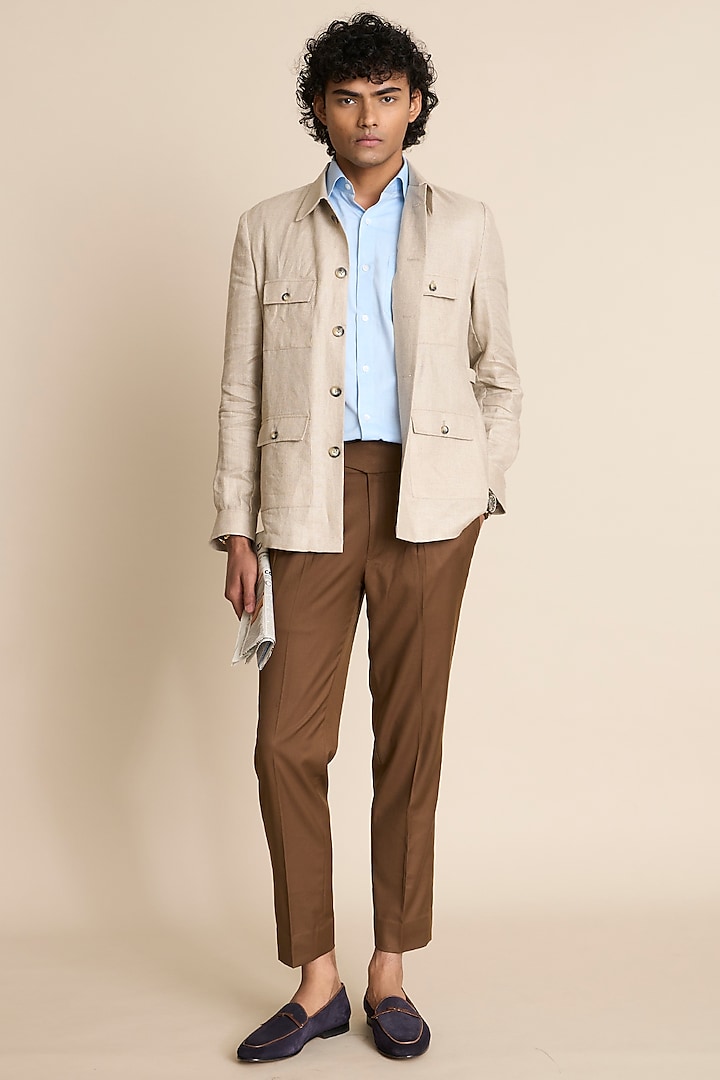 Beige Pure Linen Shacket by Gargee Designers at Pernia's Pop Up Shop