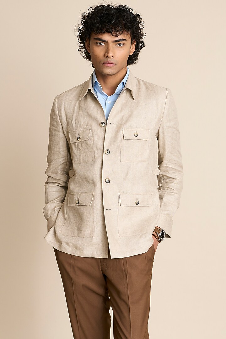 Beige Pure Linen Shacket by Gargee Designers at Pernia's Pop Up Shop