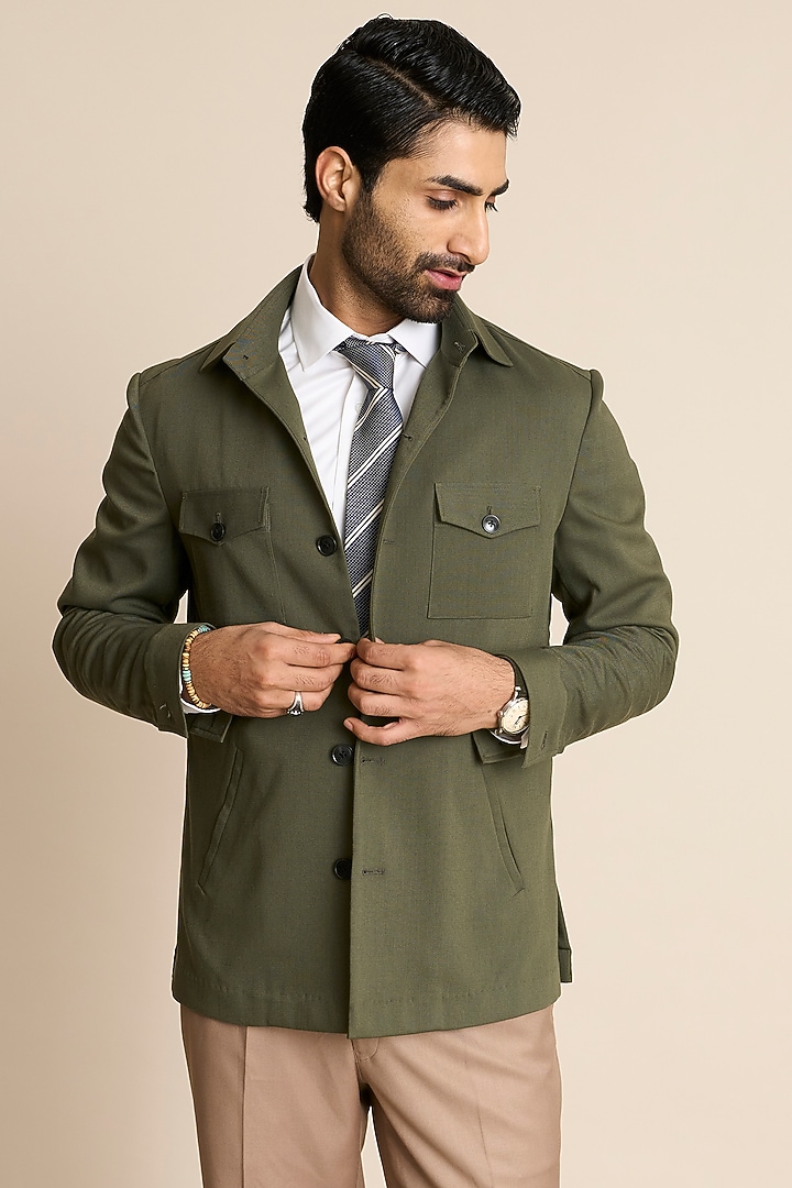 Green Poly Viscose Knit Shacket by Gargee Designers at Pernia's Pop Up Shop