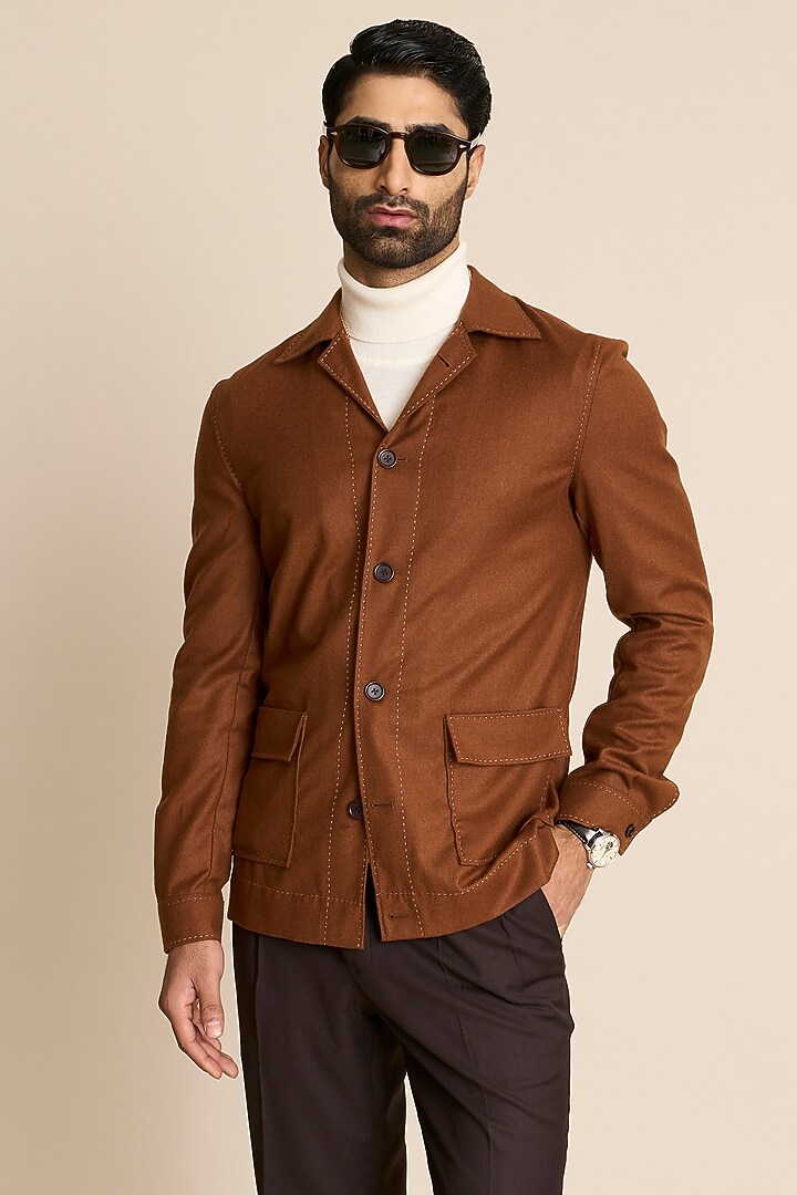 Tan Wool & Flannel Shacket by Gargee Designers at Pernia's Pop Up Shop