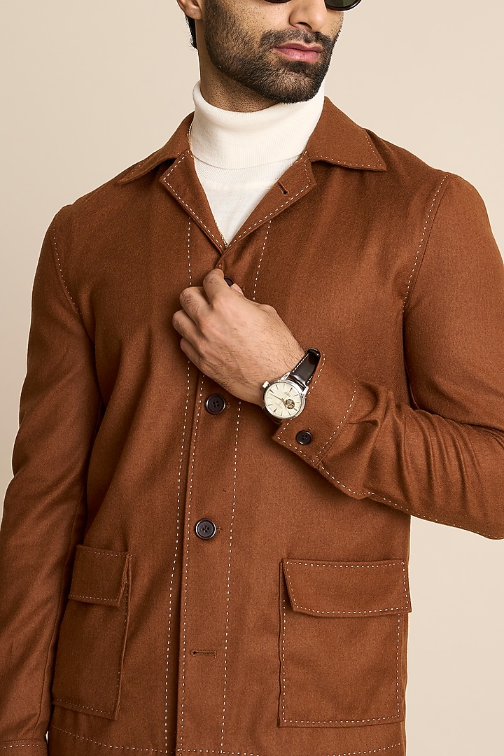 Tan Wool & Flannel Shacket by Gargee Designers at Pernia's Pop Up Shop