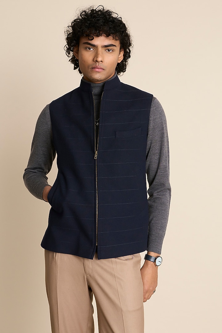Blue Wool Flannel Vest by Gargee Designers at Pernia's Pop Up Shop