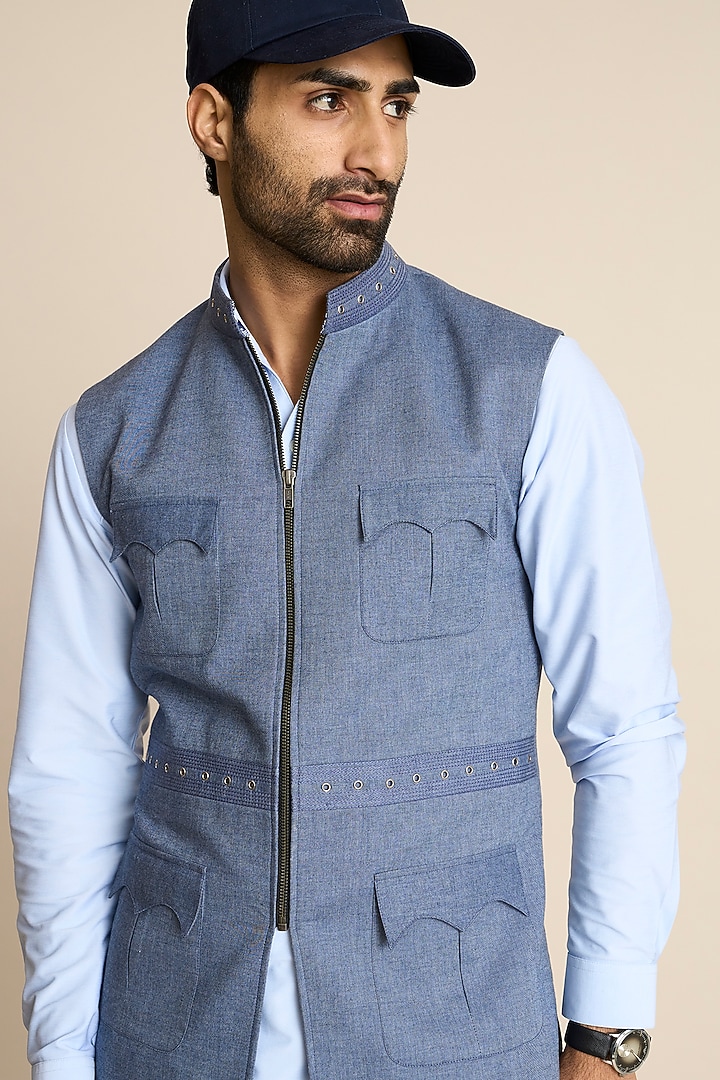 Blue Cotton Denim Down Vest by Gargee Designers at Pernia's Pop Up Shop