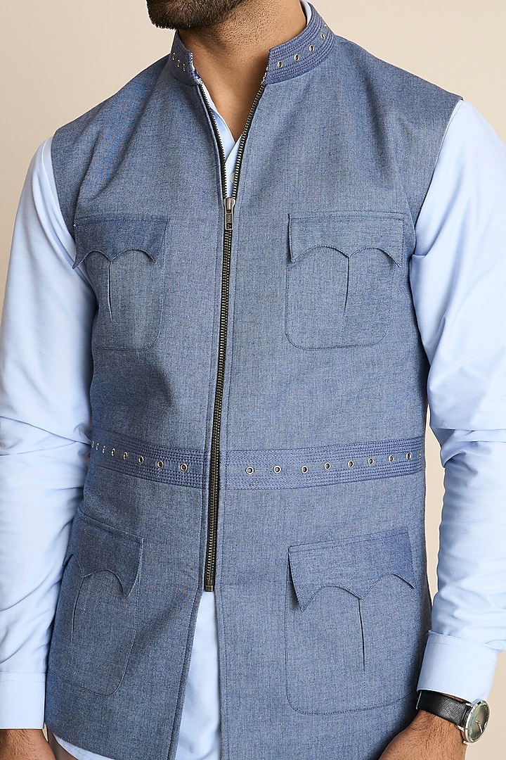 Blue Cotton Denim Down Vest by Gargee Designers at Pernia's Pop Up Shop