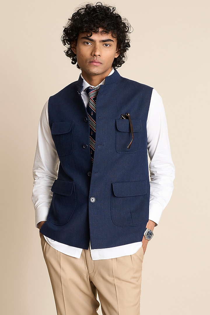 Blue Linen Patch Pockets Vest by Gargee Designers at Pernia's Pop Up Shop