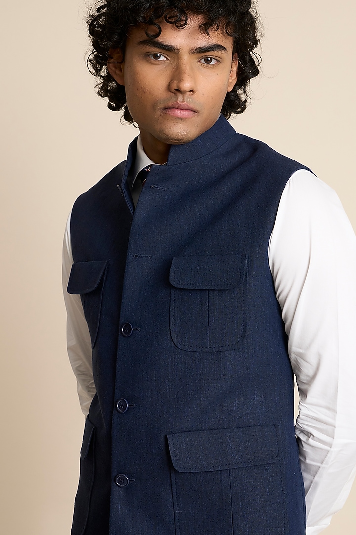 Blue Linen Patch Pockets Vest by Gargee Designers at Pernia's Pop Up Shop