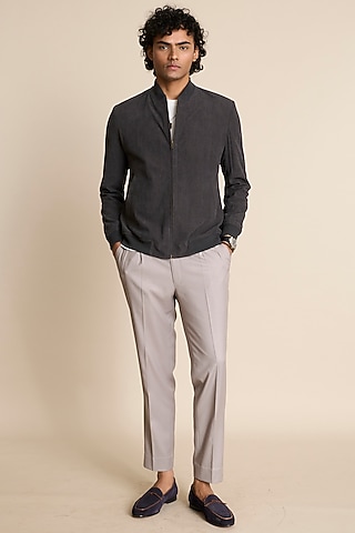 Grey Poly Viscose Corduroy Bomber Jacket by Gargee Designers