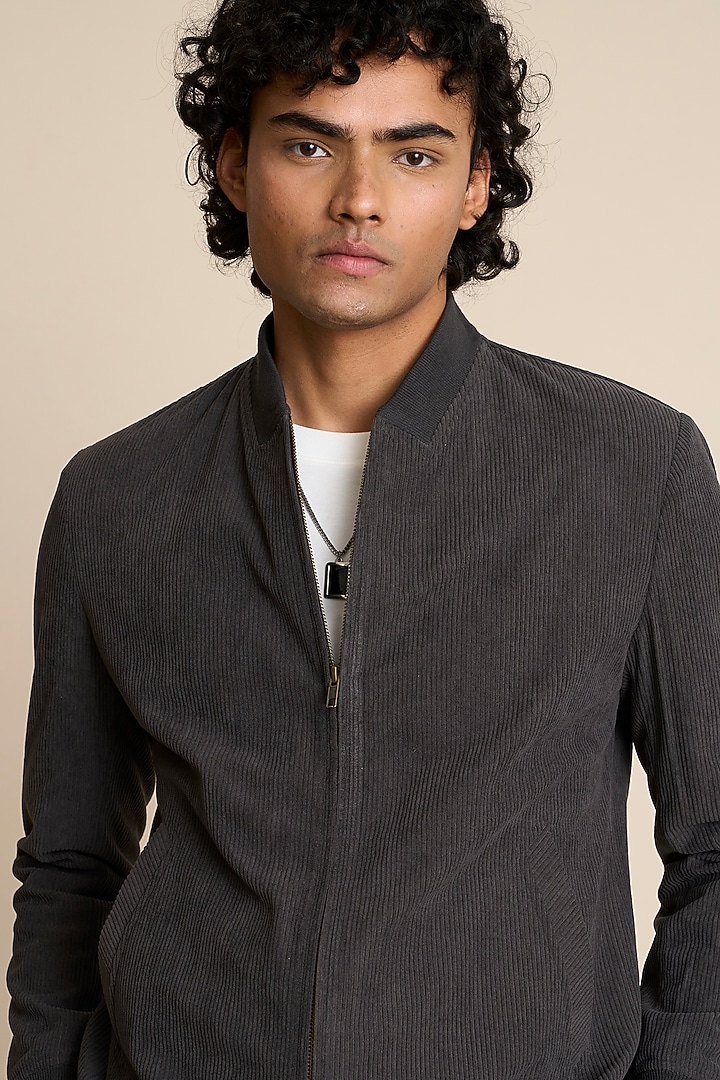 Grey Poly Viscose Corduroy Bomber Jacket by Gargee Designers at Pernia's Pop Up Shop