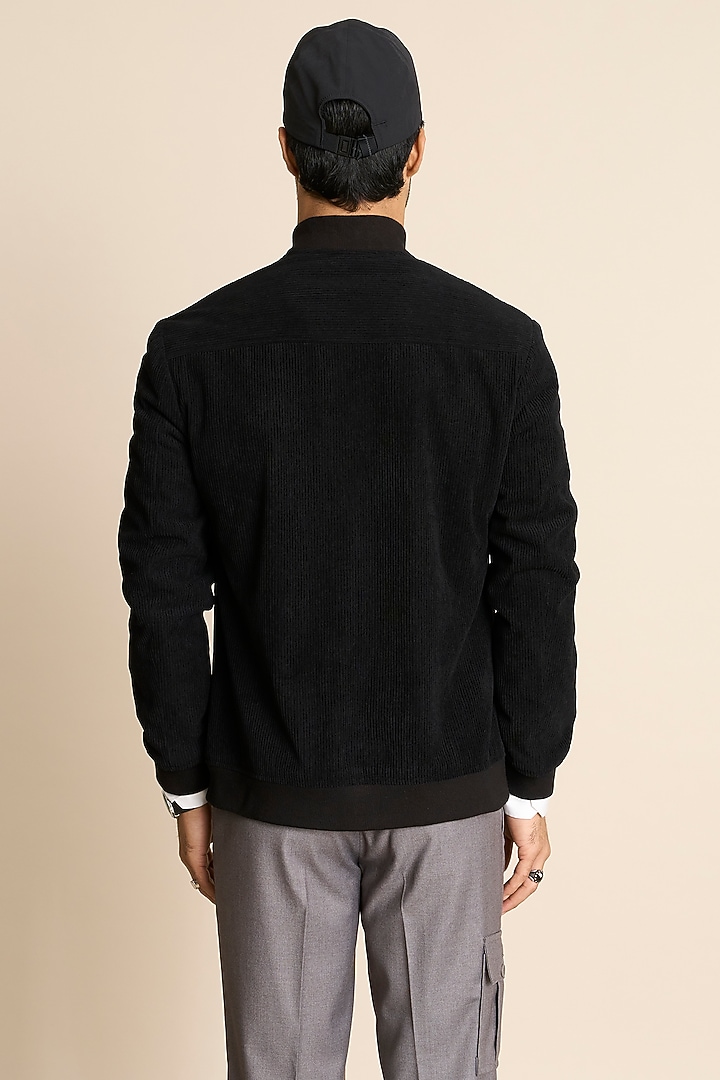 Black Poly Viscose Corduroy Bomber Jacket by Gargee Designers at Pernia's Pop Up Shop
