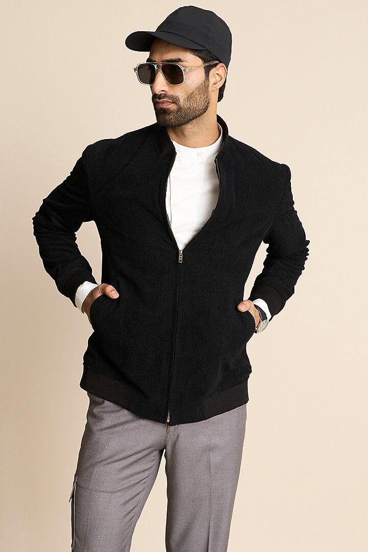Black Poly Viscose Corduroy Bomber Jacket by Gargee Designers at Pernia's Pop Up Shop
