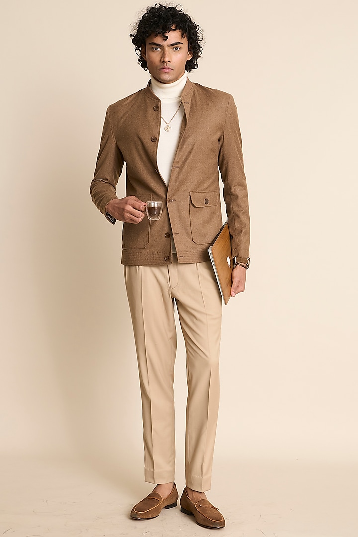 Brown Wool Flannel Bomber Jacket by Gargee Designers