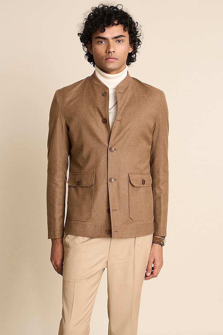 Brown Wool Flannel Bomber Jacket by Gargee Designers at Pernia's Pop Up Shop