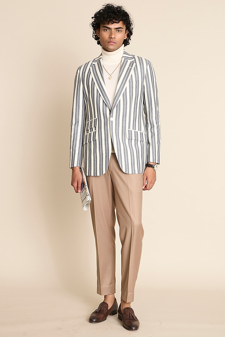 Grey & Ivory Wool Flannel Striped Blazer by Gargee Designers