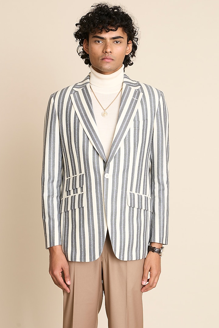 Grey & Ivory Wool Flannel Striped Blazer by Gargee Designers at Pernia's Pop Up Shop