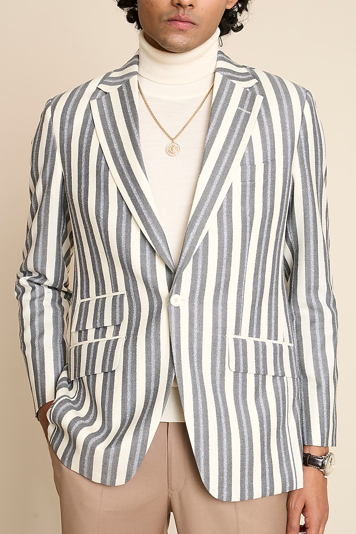 Grey & Ivory Wool Flannel Striped Blazer by Gargee Designers at Pernia's Pop Up Shop