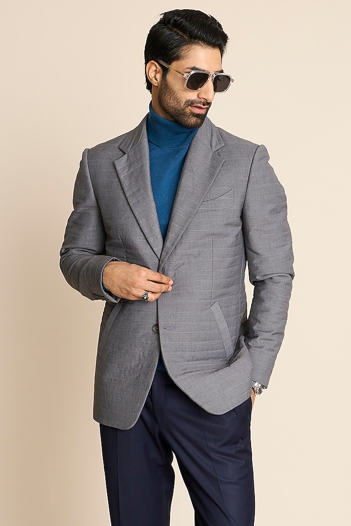 Grey Poly Viscose Quilted Blazer by Gargee Designers at Pernia's Pop Up Shop