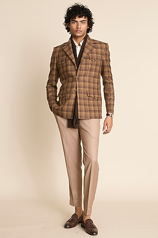 Brown Wool Tweed Checkered Blazer by Gargee Designers