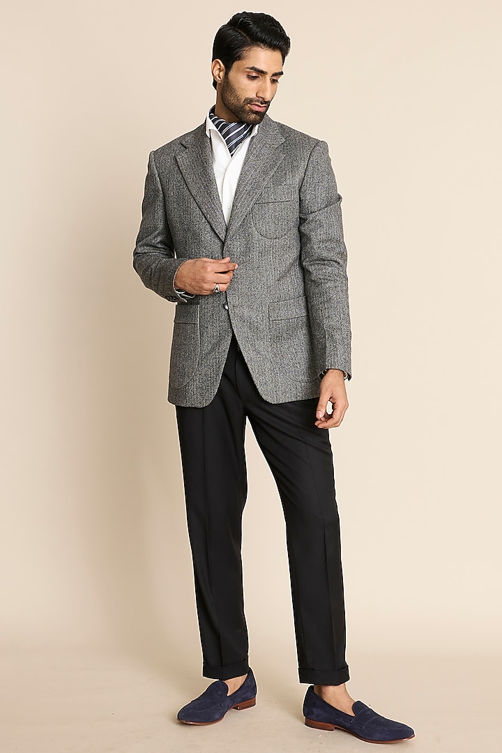 Grey Wool Flannel Herringbone Blazer by Gargee Designers