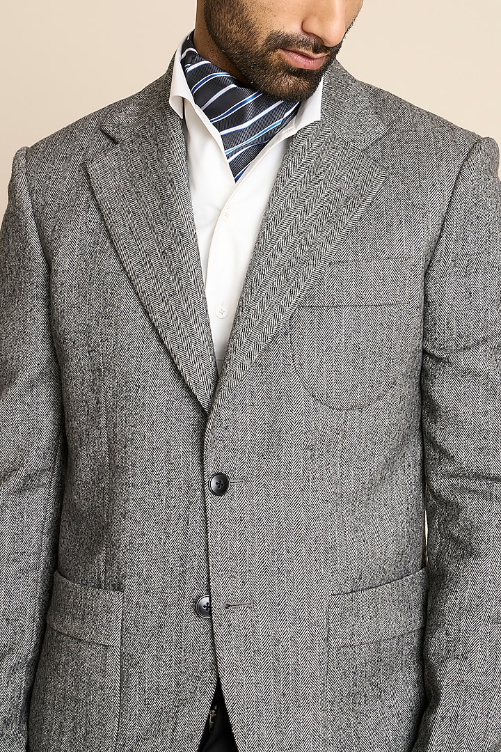 Grey Wool Flannel Herringbone Blazer by Gargee Designers at Pernia's Pop Up Shop