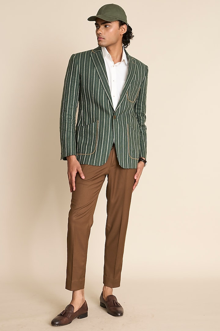 Green Linen Striped Blazer by Gargee Designers