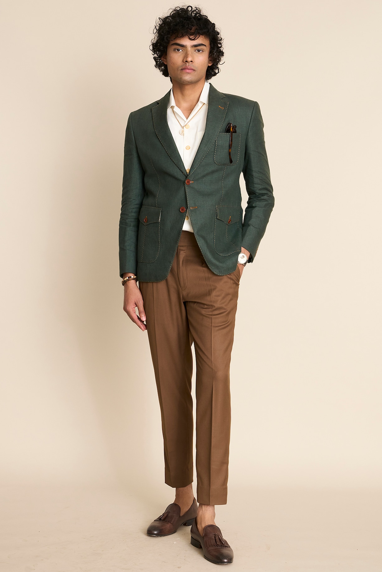 Green Pure Linen Blazer Set Design by ASUKA at Pernia's Pop Up Shop 2024