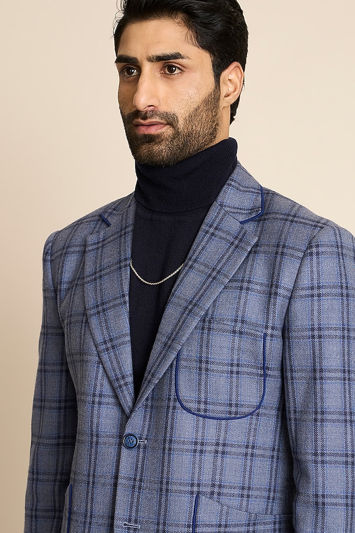 Blue Wool Tweed Checkered Blazer by Gargee Designers at Pernia's Pop Up Shop