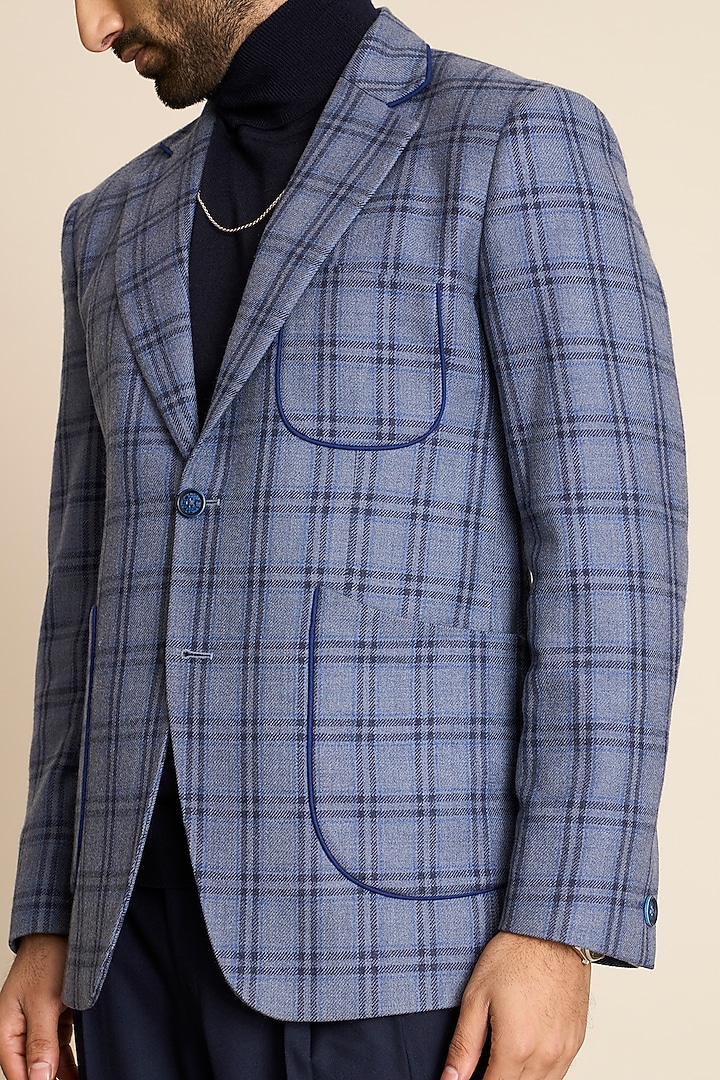 Blue Wool Tweed Checkered Blazer by Gargee Designers at Pernia's Pop Up Shop