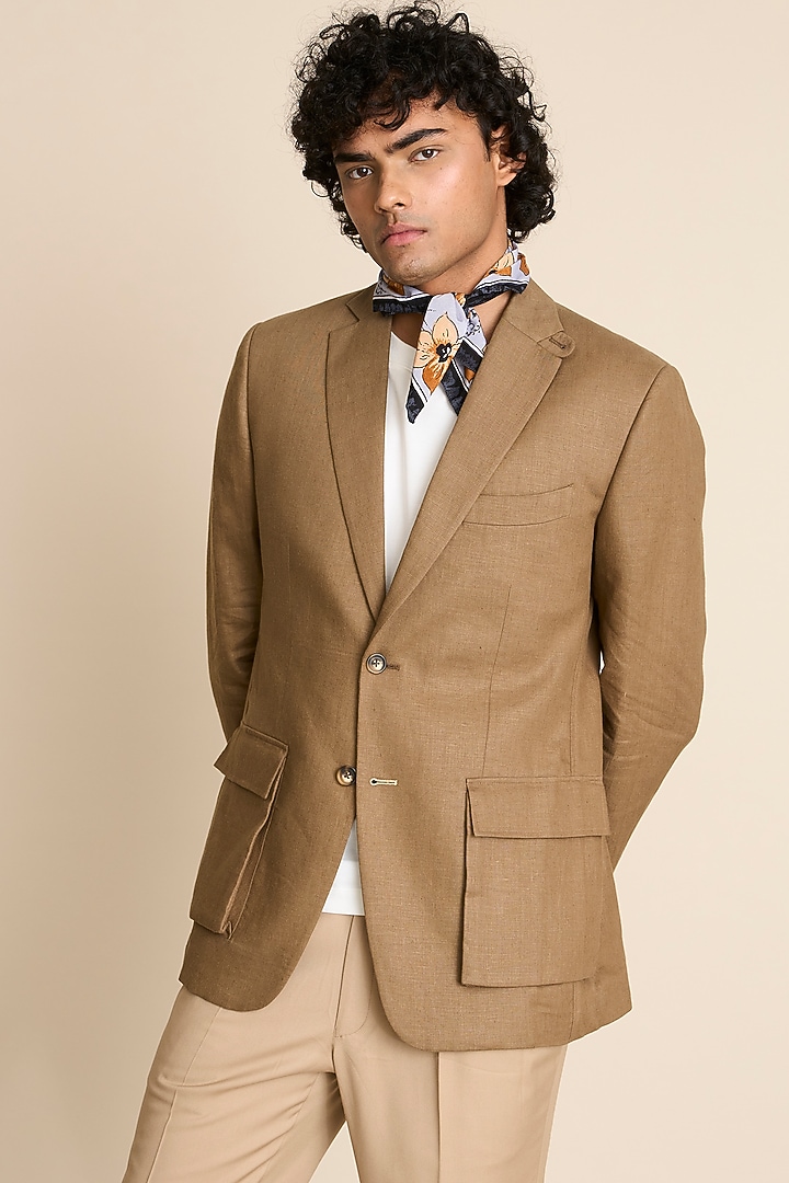 Khaki Linen Blazer by Gargee Designers at Pernia's Pop Up Shop