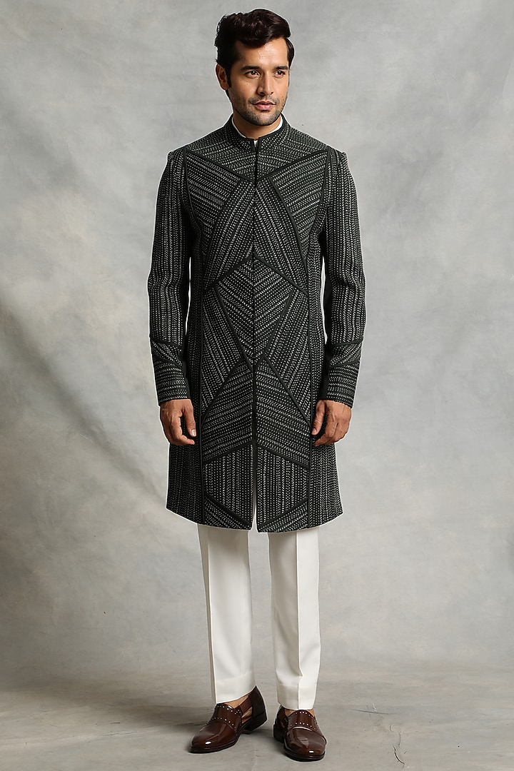 Dark Green Embroidered Indo-Western Jacket Set by Gargee Designers