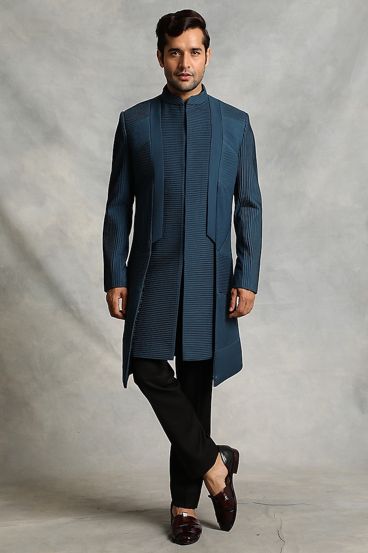 Teal Blue Poly Viscose Indo-Western Jacket Set by Gargee Designers at Pernia's Pop Up Shop