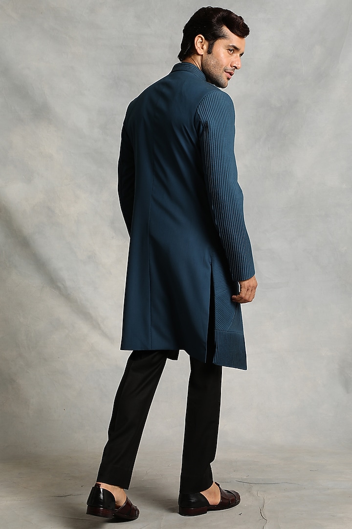Teal Blue Poly Viscose Indo-Western Jacket Set by Gargee Designers at Pernia's Pop Up Shop