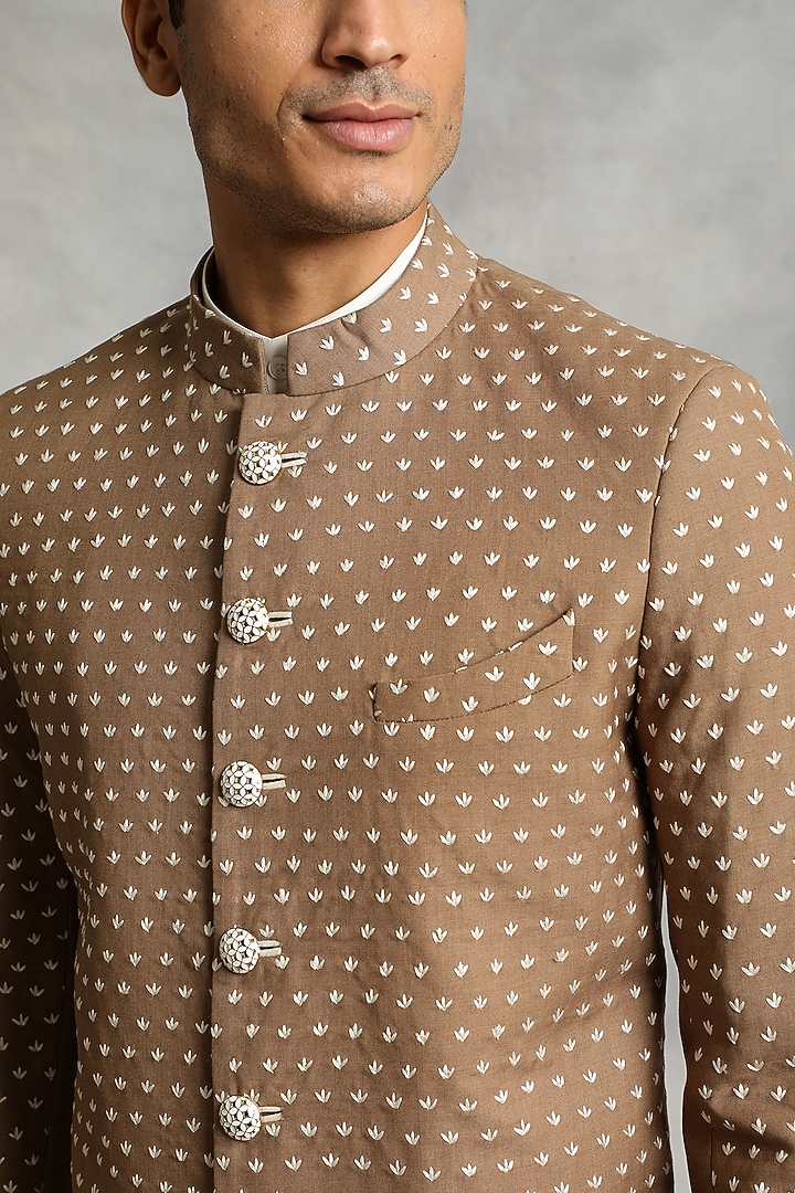 Beige Embroidered Indo-Western Jacket Set by Gargee Designers at Pernia's Pop Up Shop