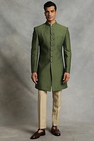 Kale Green Cotton Silk Sherwani Set by Gargee Designers
