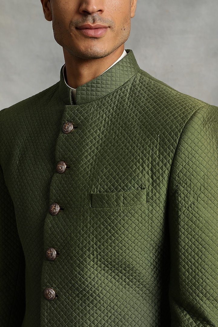 Kale Green Cotton Silk Wedding Sherwani Set by Gargee Designers at Pernia's Pop Up Shop