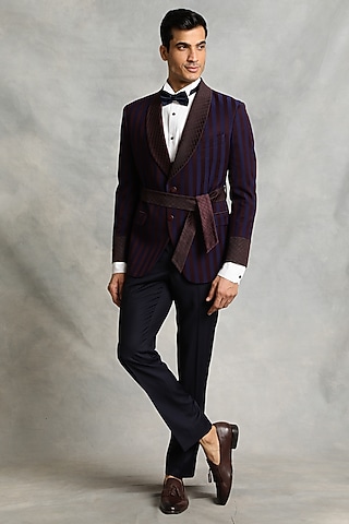 Wine Striped Poly Viscose Tuxedo Set by Gargee Designers