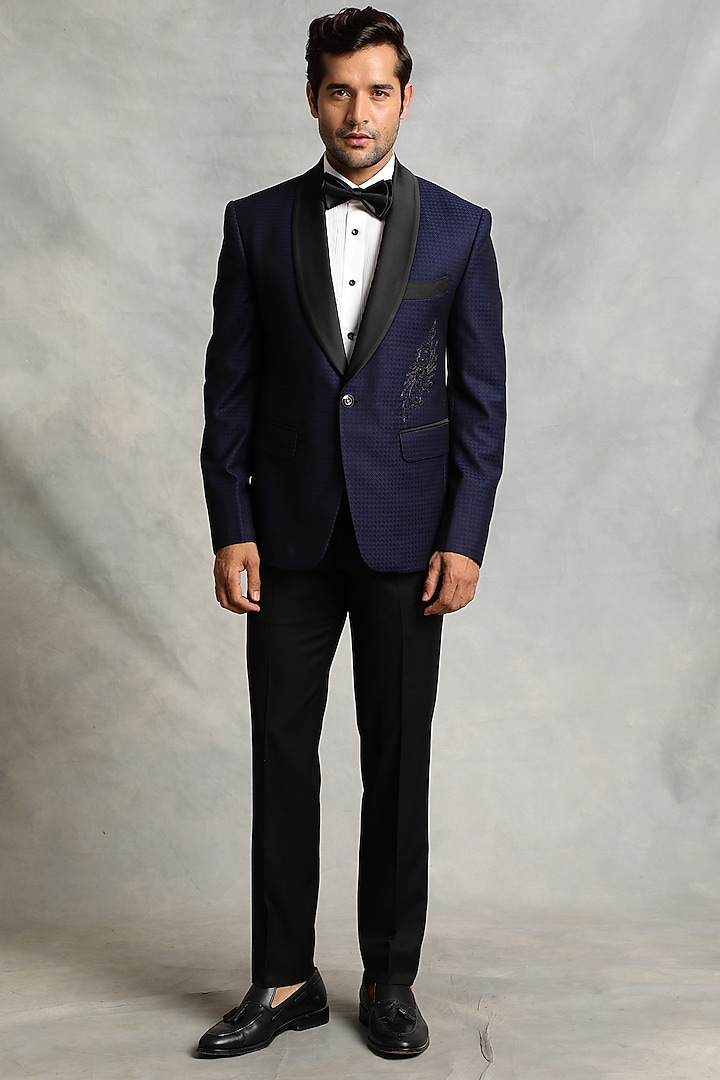 Navy Blue Poly Viscose Tuxedo Set Design by Gargee Designers at Pernia