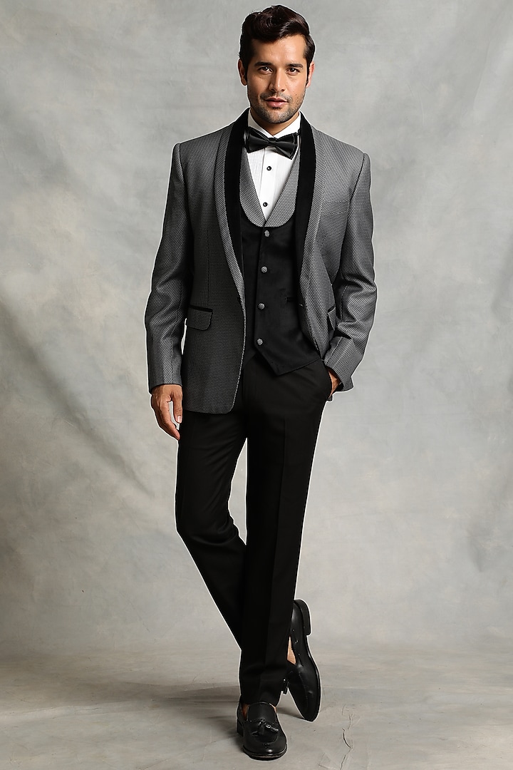 Grey Textured Poly Viscose Tuxedo Set by Gargee Designers at Pernia's Pop Up Shop