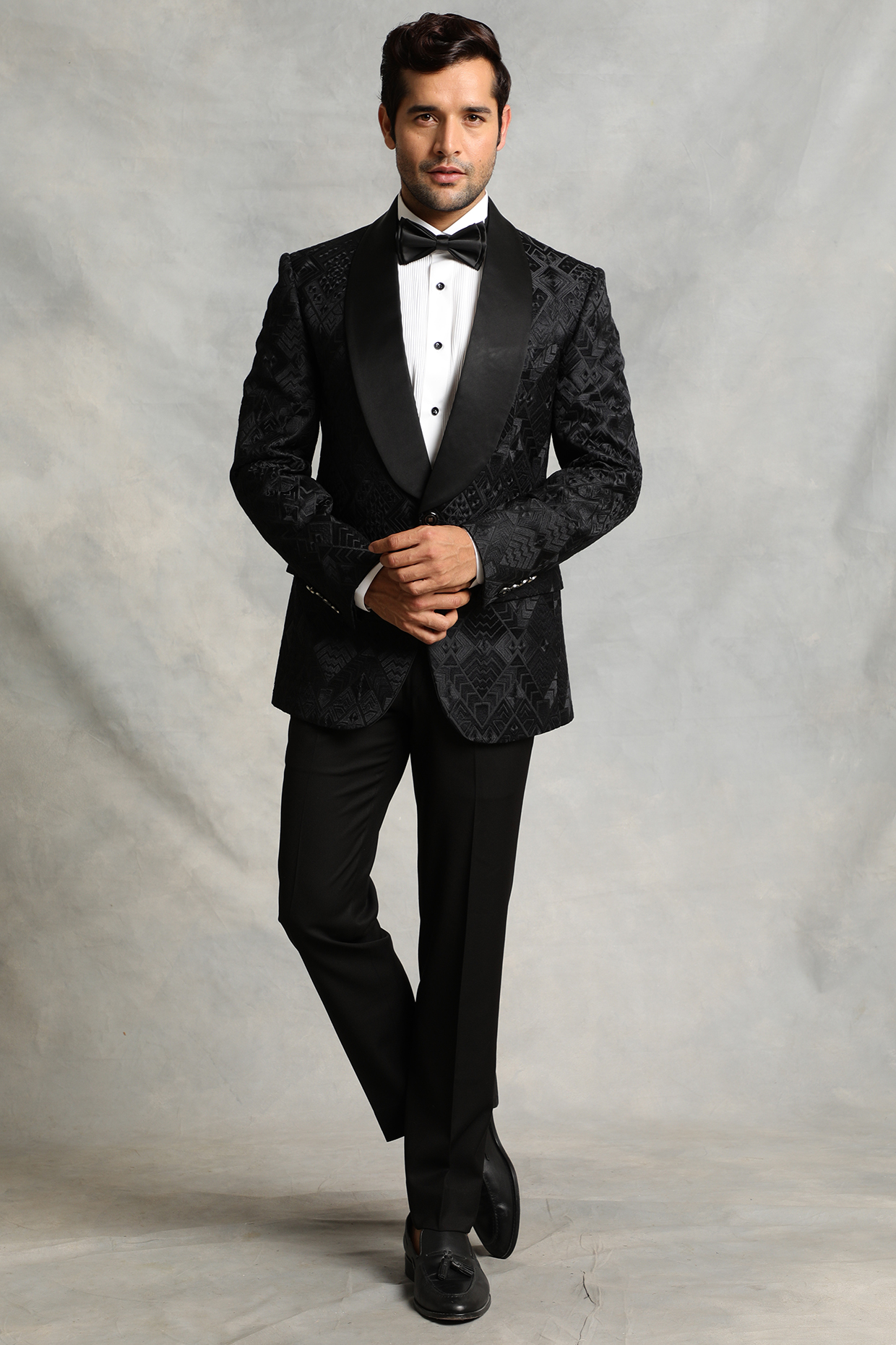 Black Machine Embroidered Tuxedo Set by Gargee Designers at Pernia's Pop Up Shop