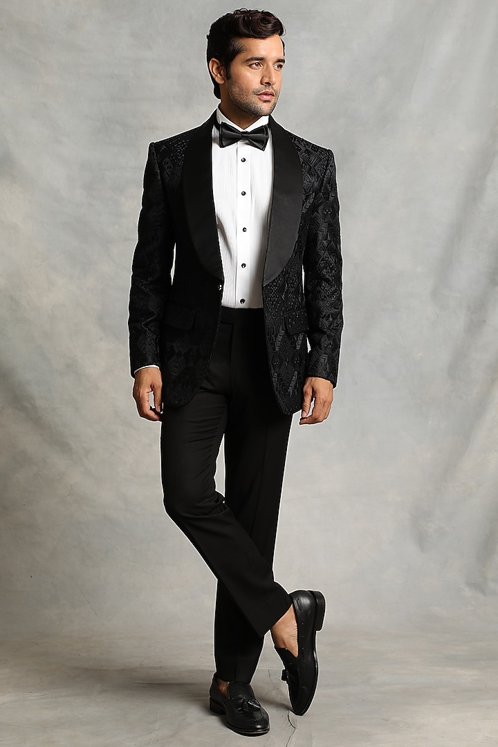 Black Machine Embroidered Tuxedo Set by Gargee Designers at Pernia's Pop Up Shop