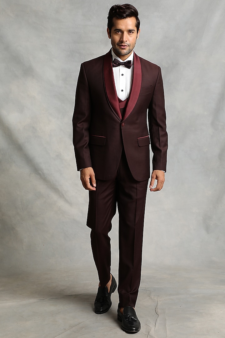 Wine Textured Poly Viscose Tuxedo Set by Gargee Designers