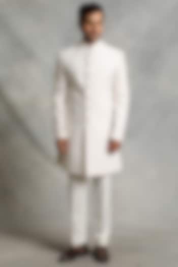 Off- White Cotton Silk Sherwani Set by Gargee Designers