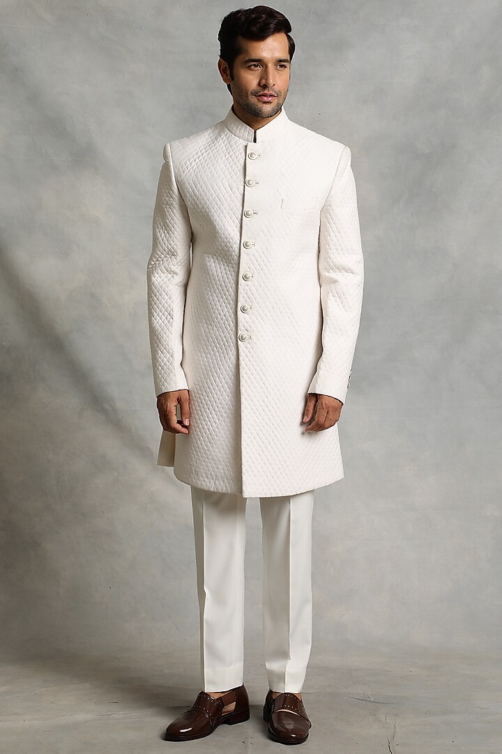 Off- White Cotton Silk Sherwani Set by Gargee Designers