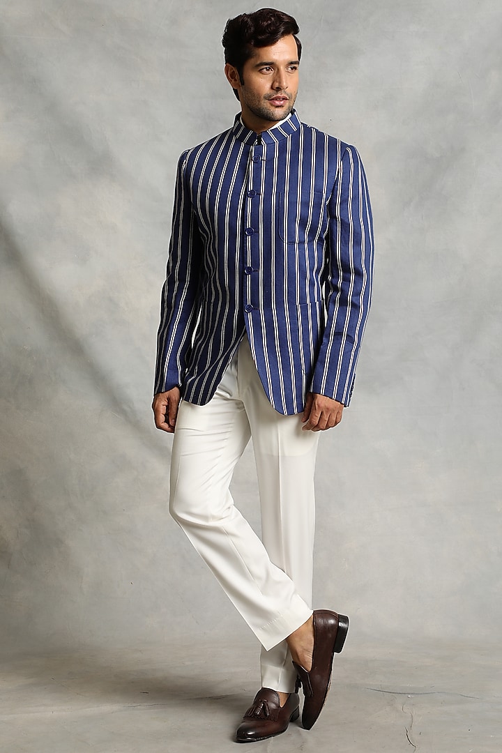Blue Linen Bandhgala Jacket Set by Gargee Designers