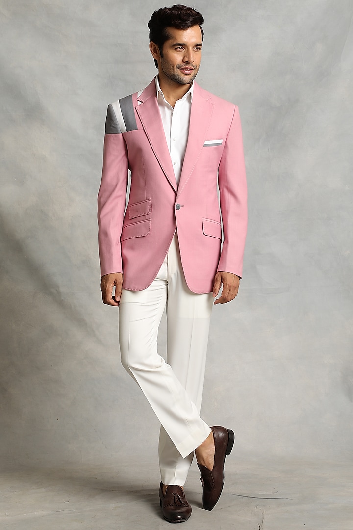 Pink Poly Viscose Blazer Set by Gargee Designers
