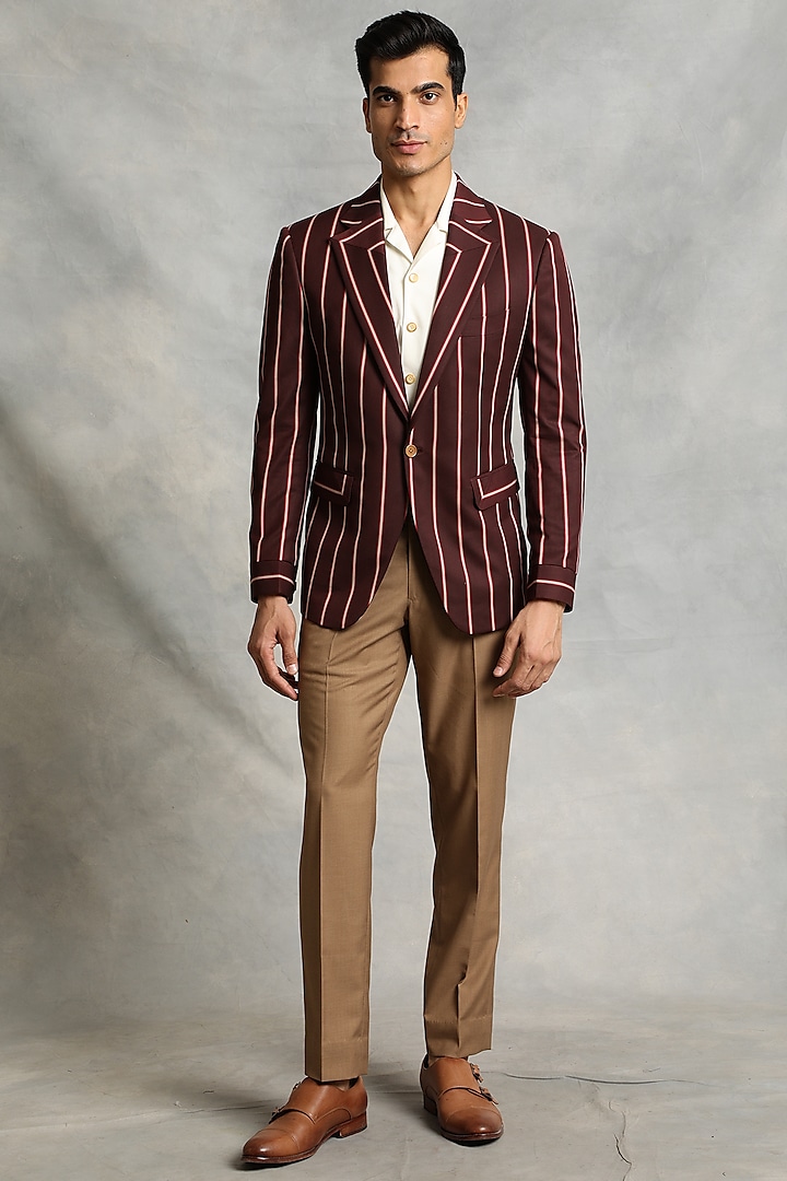 Maroon Poly Viscose Striped Blazer Set by Gargee Designers